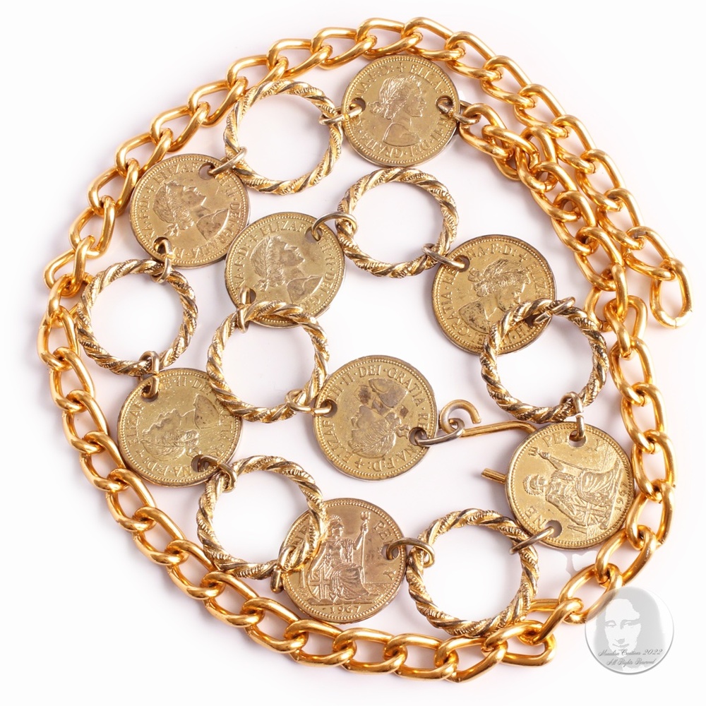 Vintage Coin Belt Gold Metal Chain 1963 Queen Elizabeth II Sovereign Penny